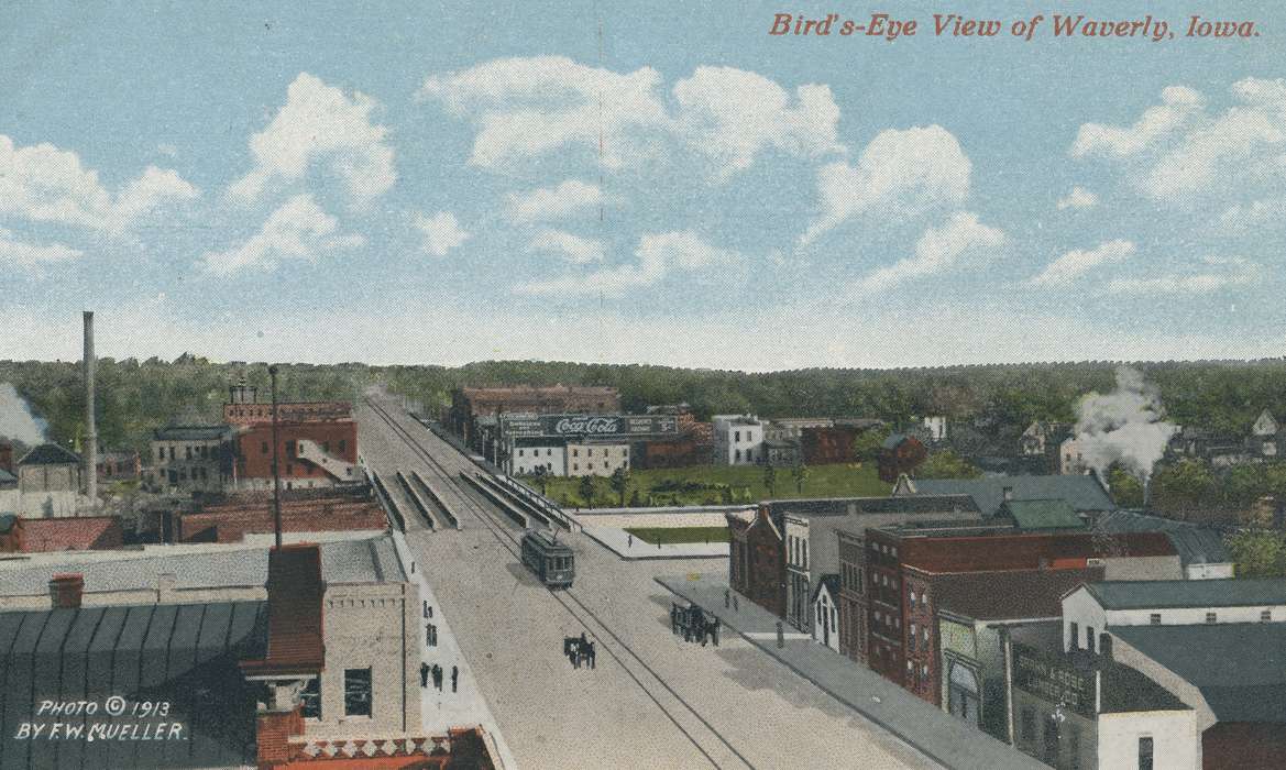 history of Iowa, Cities and Towns, brick building, Businesses and Factories, Animals, Iowa History, Waverly, IA, Meyer, Sarah, Iowa, Aerial Shots, downtown, Motorized Vehicles, Main Streets & Town Squares, trolley