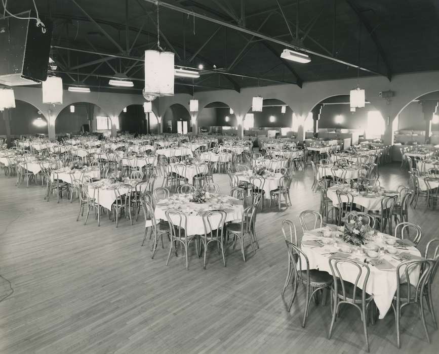 dance hall, Photos, historic, wooden chair, Grout Museum of History and Science, United States, Businesses and Factories, Iowa, centerpiece, Black Hawk, tablecloth, cattle congress, national cattle congress, ia, history, table cloth, booth, Waterloo, IA, electric park ballroom, light