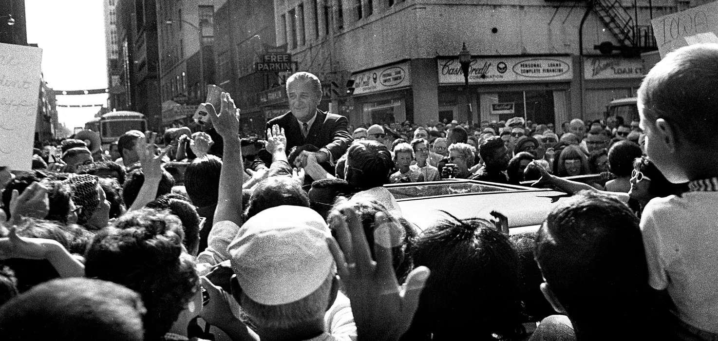 Cities and Towns, Des Moines, IA, president, crowd, Civic Engagement, Iowa History, Iowa, politician, lyndon b. johnson, Motorized Vehicles, history of Iowa, Lemberger, LeAnn