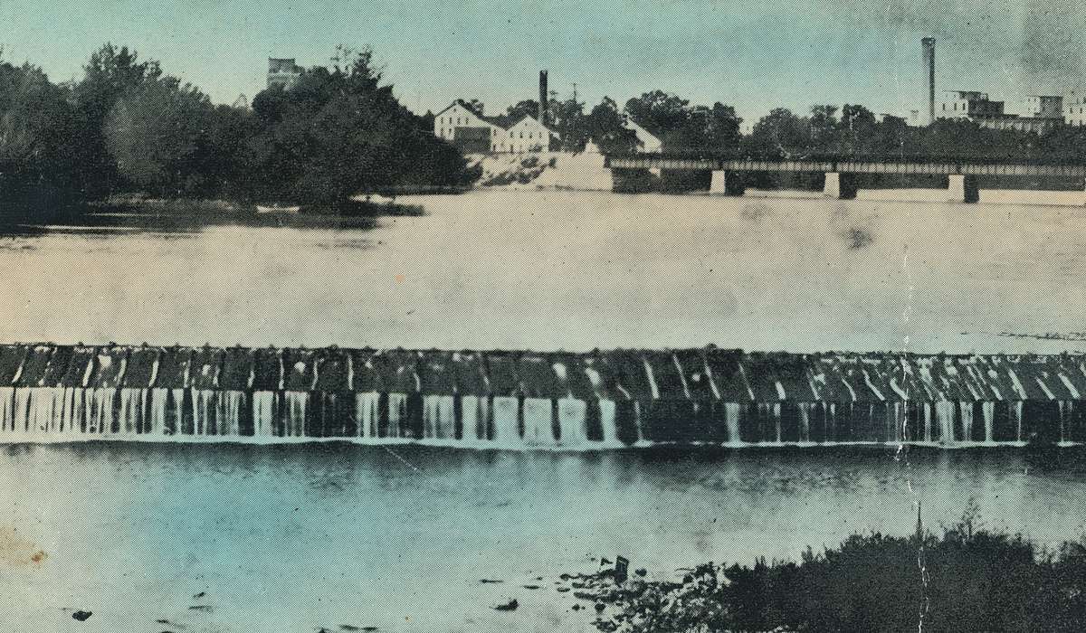 Meyer, Sarah, cedar river, Lakes, Rivers, and Streams, dam, bridge, Iowa History, Waverly, IA, Landscapes, correct date needed, Aerial Shots, Iowa, history of Iowa, Businesses and Factories