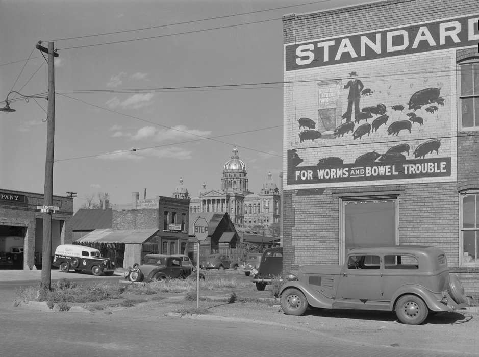 Businesses and Factories, brick street, Iowa History, Main Streets & Town Squares, Iowa, neighborhood, history of Iowa, Motorized Vehicles, brick building, iowa capitol building, Library of Congress, sign painting, Cities and Towns