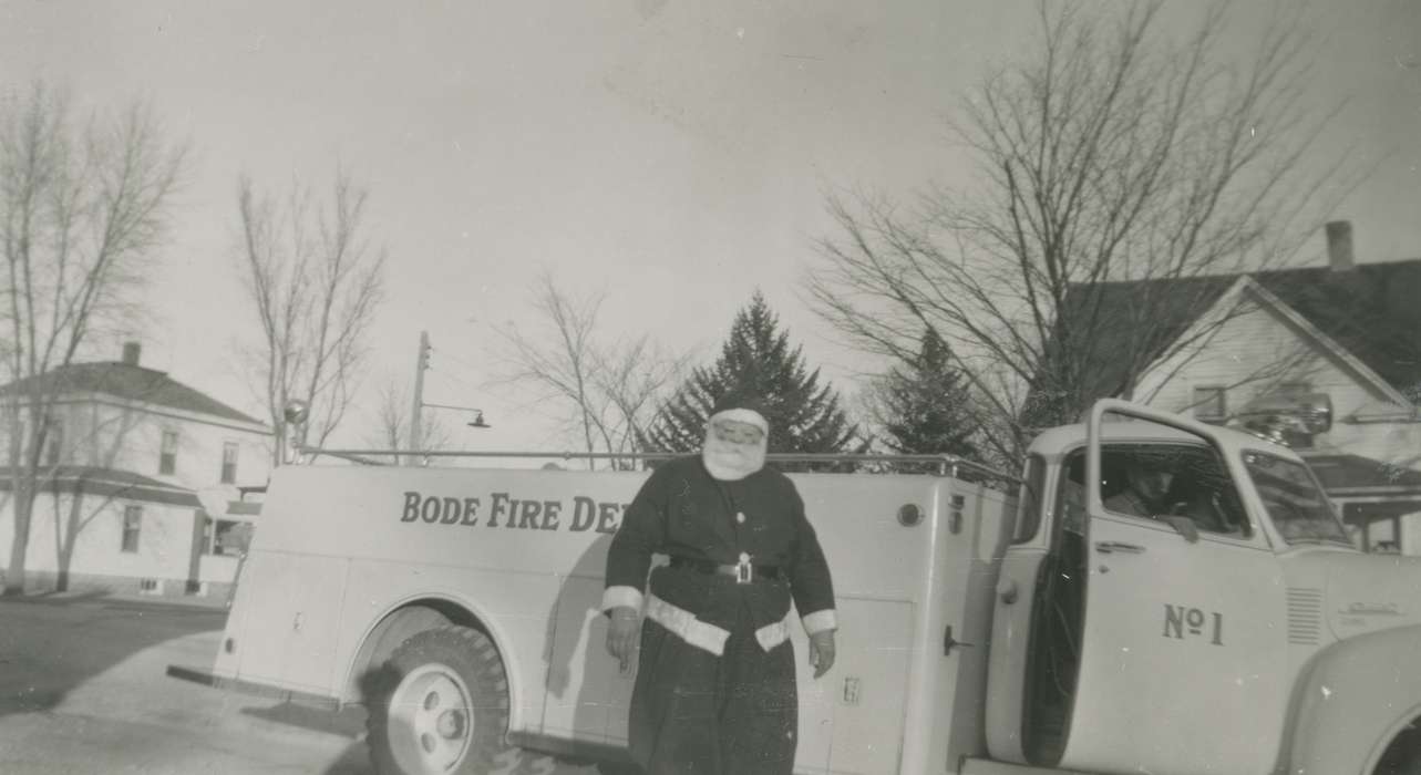 Portraits - Individual, santa claus, fire truck, Bode, IA, Iowa History, history of Iowa, christmas, fire engine, Iowa, Labor and Occupations, Ostrum (Bratland), Arlene, Holidays