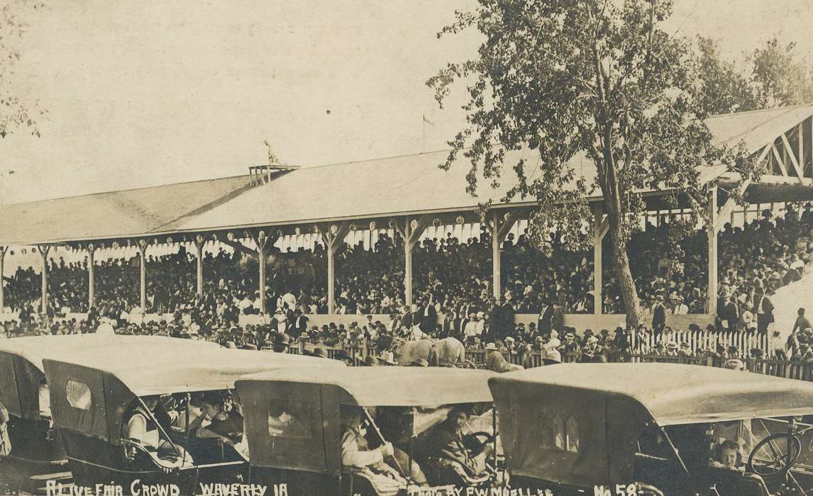fairgrounds, automobile, county fair, Meyer, Sarah, Motorized Vehicles, car, Fairs and Festivals, Entertainment, correct date needed, Families, grandstand, Iowa History, Waverly, IA, Animals, Iowa, Leisure, Aerial Shots, history of Iowa