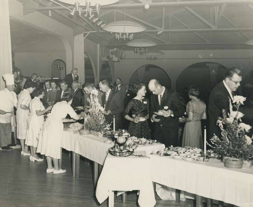 chef, dress clothes, Leisure, Photos, historic, suit, Food and Meals, Grout Museum of History and Science, United States, Businesses and Factories, Iowa, Labor and Occupations, centerpiece, Black Hawk, uniform, woman, ia, buffet, cattle congress, candle, national cattle congress, employee, waitress, history, Waterloo, IA, electric park ballroom, party