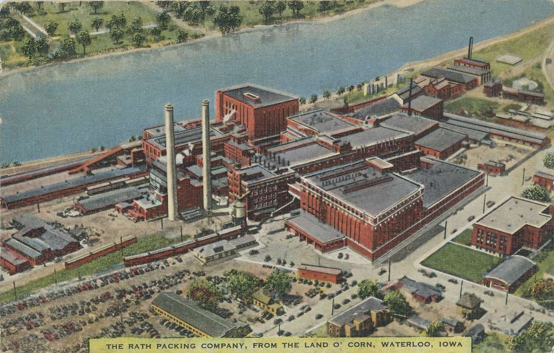 Aerial Shots, ia, river, IA, history, postcard, historic, Waterloo, packing plant, Olsson, Ann and Jons, Iowa, Black Hawk, United States, Businesses and Factories, Photos