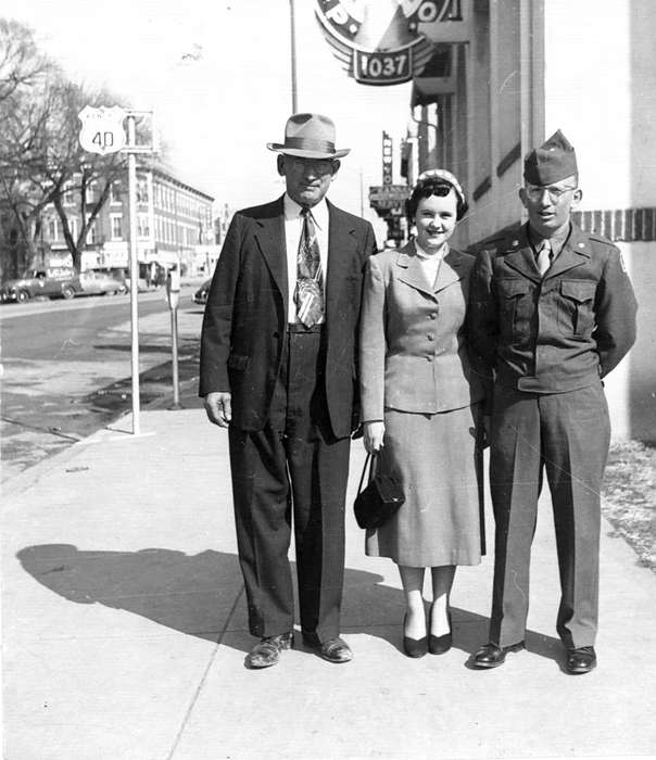 uniform, dress, hat, Iowa, Iowa History, Portraits - Group, Scherrman, Pearl, history of Iowa, Junction City, KS, elks lodge, suit, main street