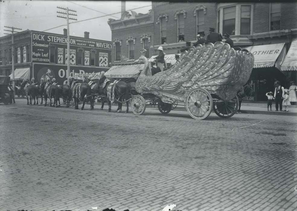 Cities and Towns, Fairs and Festivals, Businesses and Factories, Animals, Waverly Public Library, Iowa History, Waverly, IA, Iowa, horses, history of Iowa, Main Streets & Town Squares, parade float