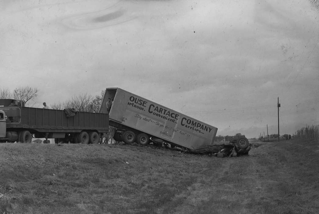 United States, history, ia, Photos, power lines, Coon Rapids Enterprise, historic, Iowa, ditch, crash, trailer, men at work, IA, Coon Rapids, Wrecks, Motorized Vehicles