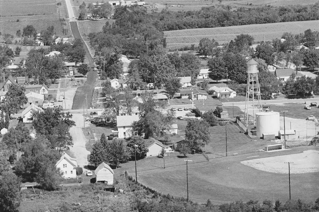 construction, Cities and Towns, Lemberger, LeAnn, field, Iowa History, stadium, baseball, Aerial Shots, water tower, Iowa, history of Iowa, Agency, IA, Businesses and Factories