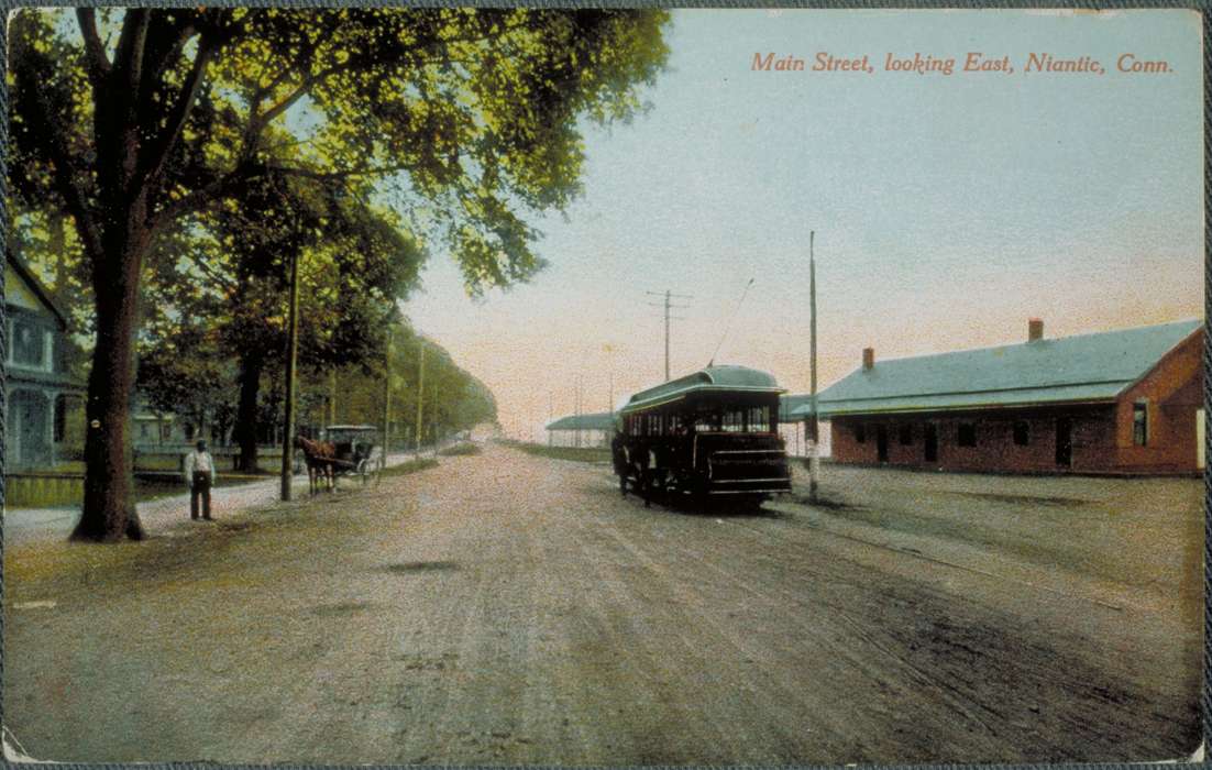 trolley, station, Niantic, CT, road, Iowa, Iowa History, colorized, history of Iowa, Archives & Special Collections, University of Connecticut Library