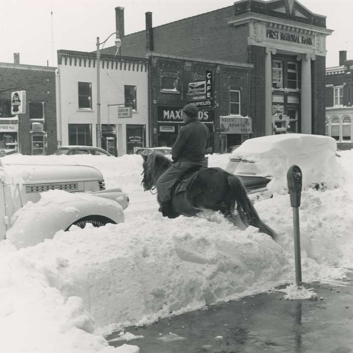 history of Iowa, snow, Motorized Vehicles, Main Streets & Town Squares, car, brick building, correct date needed, streetlights, Iowa History, Waverly, IA, Winter, Waverly Public Library, Animals, Iowa, Businesses and Factories, sign