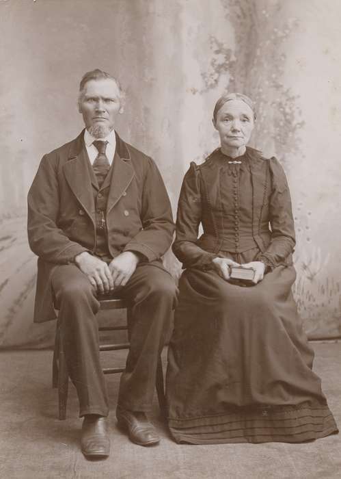 couple, brooch, woman, Iowa History, painted backdrop, history of Iowa, four in hand tie, Portraits - Group, Olsson, Ann and Jons, cabinet photo, Sumner, IA, frock coat, man, photo album, Iowa