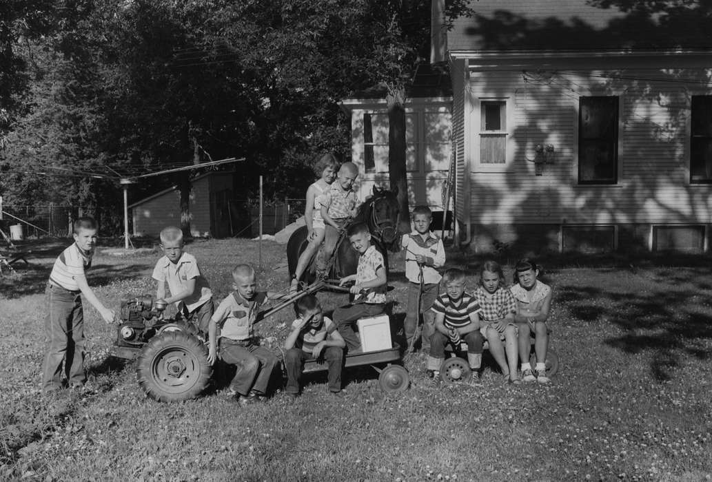 Portraits - Group, lawn mower, backyard, history, Photos, horse, Children, squint, Animals, Iowa, IA, Homes, United States, ia, Entertainment, Coon Rapids Enterprise, historic, wagon, children, Coon Rapids