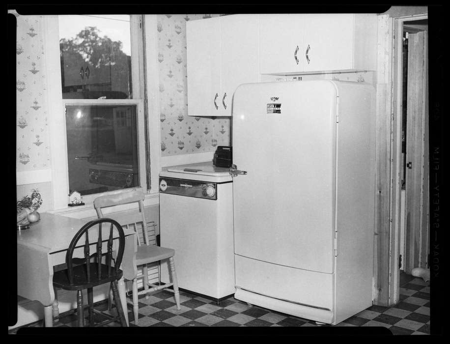 refrigerator, table, cabinet, Iowa, Iowa History, window, kitchen, chair, history of Iowa, Archives & Special Collections, University of Connecticut Library, Storrs, CT