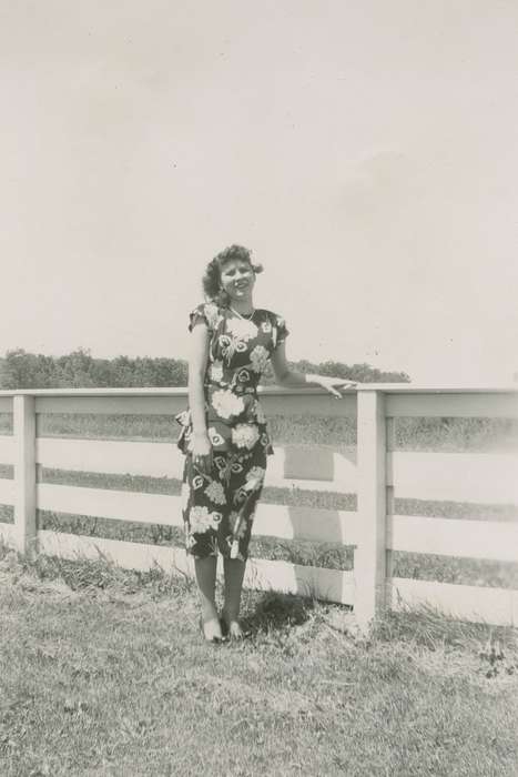heels, wooden fence, curly hair, Portraits - Individual, USA, Iowa History, flower, Wilson, Dorothy, Iowa, dress, history of Iowa