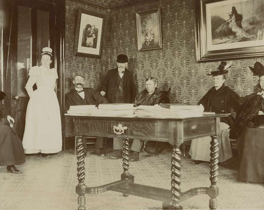 Waverly, IA, Hospitals, nurse, waiting room, mustache, doctor, glasses, Iowa, dr. william a. rohlf, Waverly Public Library, suit, Iowa History, correct date needed, history of Iowa, painting, reception, Businesses and Factories, dress, office, feather hat