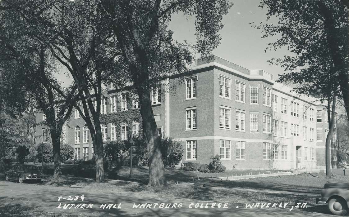 Iowa History, Businesses and Factories, brick building, Iowa, Motorized Vehicles, college, Meyer, Mary, Schools and Education, school, tall trees, car, courtyard, history of Iowa