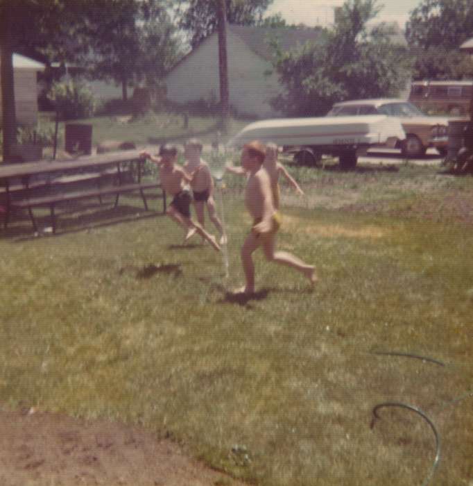 bathing suit, hose, Outdoor Recreation, sprinkler, Iowa, Children, Iowa History, lawn, Mueller, Irma, Clinton, IA, history of Iowa
