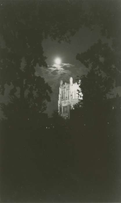 night, gothic tower, Hospitals, Iowa History, gothic, cloud, university of iowa, moon, Iowa, Seashore Hall, Iowa City, IA, history of Iowa