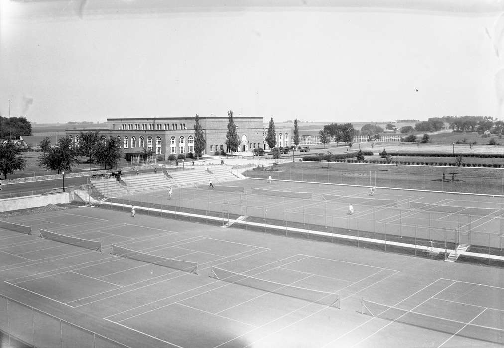 university of northern iowa, UNI Special Collections & University Archives, uni, Schools and Education, Iowa History, Cedar Falls, IA, west gym, iowa state teachers college, tennis court, Aerial Shots, Iowa, history of Iowa, tennis, Sports