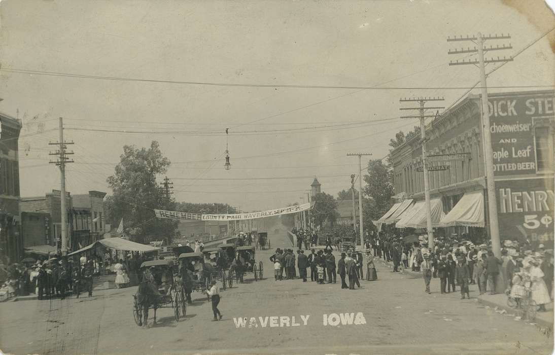 Waverly Public Library, Cities and Towns, Iowa, Iowa History, county fair, history of Iowa, Businesses and Factories, Waverly, IA, Main Streets & Town Squares, tent, horse and buggy, children, crowd