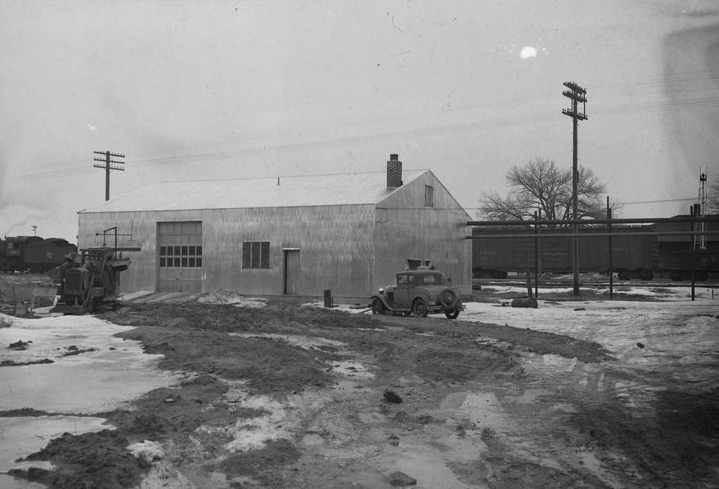 Train Stations, rail yard, history, Photos, power lines, train, warehouse, Iowa, ford model a, train cars, IA, Motorized Vehicles, United States, ia, Coon Rapids Enterprise, historic, melting snow, Coon Rapids
