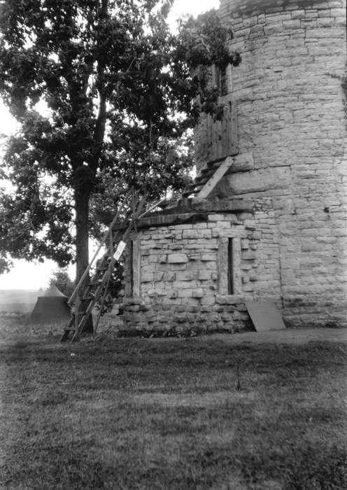 Lemberger, LeAnn, Stone City, IA, stone building, stone city art colony, tree, Cities and Towns, Iowa, Iowa History, staircase, tower, history of Iowa