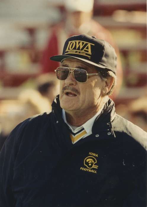 sunglasses, hat, history of Iowa, Portraits - Individual, Iowa, Sports, coach, football, Iowa History, hadyn fry, mustache, cap, Iowa City, IA, Seashore Hall, university of iowa