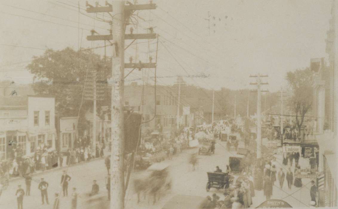 power lines, Motorized Vehicles, Main Streets & Town Squares, Iowa History, horse and buggy, Waverly, IA, Waverly Public Library, Cities and Towns, stores, Animals, Iowa, Businesses and Factories, history of Iowa