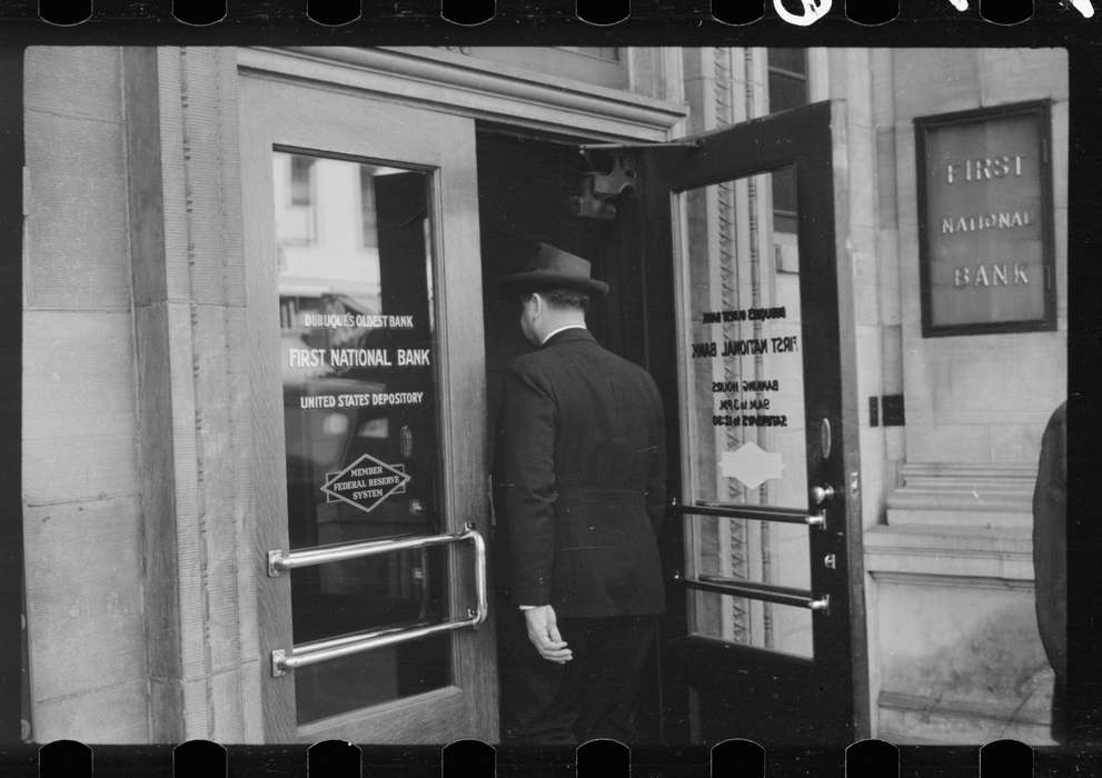 Businesses and Factories, fedora, suit, entrance, doorway, Cities and Towns, Iowa History, door, history of Iowa, Iowa, Library of Congress, handle