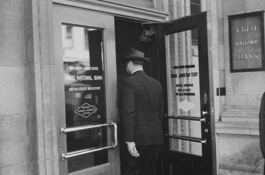 suit, door, fedora, Businesses and Factories, Cities and Towns, Iowa, Library of Congress, doorway, history of Iowa, entrance, Iowa History, handle