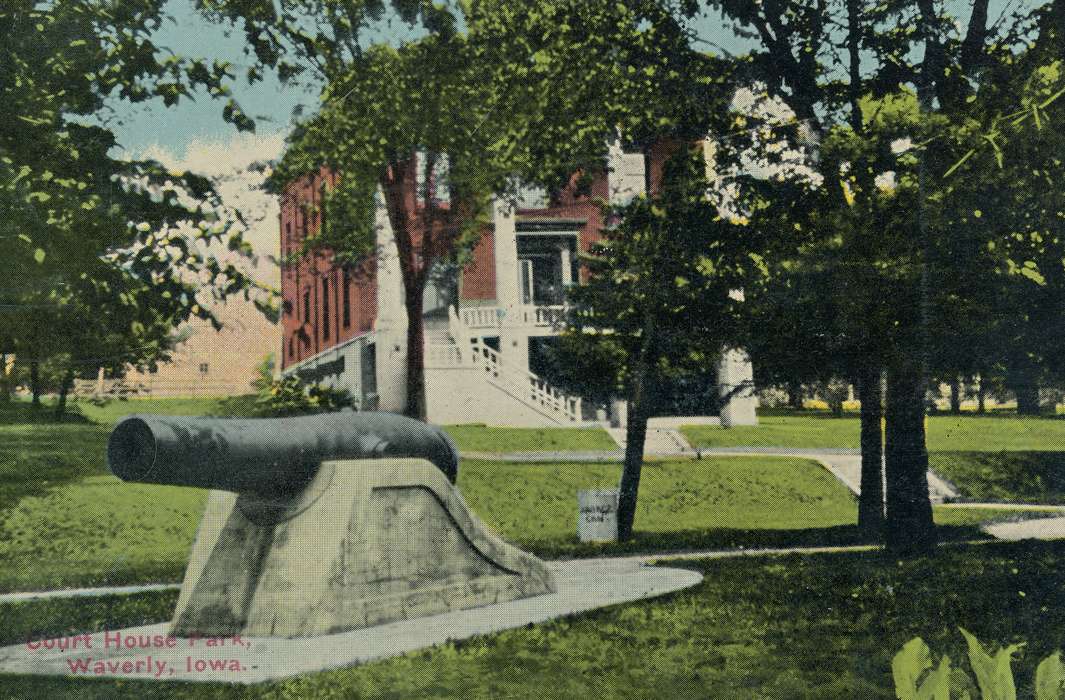 Cities and Towns, Iowa History, Meyer, Sarah, postcard, history of Iowa, Waverly, IA, cannon, Iowa