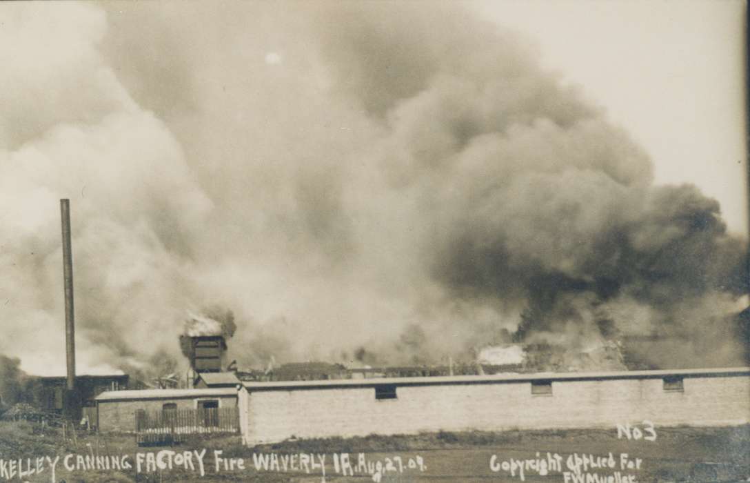 Landscapes, Wrecks, Businesses and Factories, factory, smoke, Waverly Public Library, Iowa History, Waverly, IA, fire, Iowa, history of Iowa