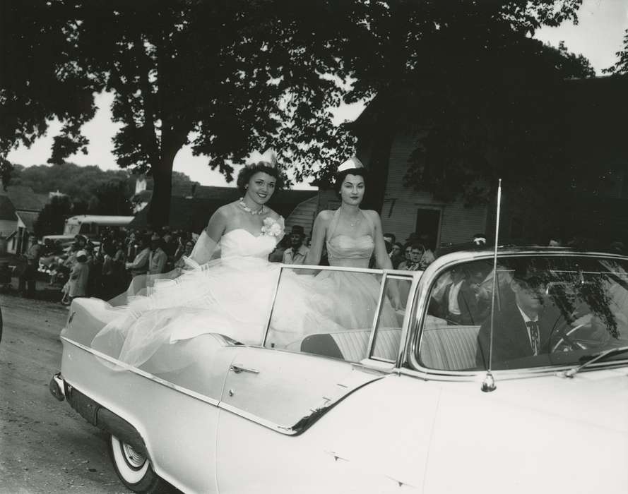 car, corsage, earring, Waverly Public Library, ball gown, necklace, Iowa History, Portraits - Group, Iowa, convertible, Motorized Vehicles, history of Iowa, Entertainment, crown
