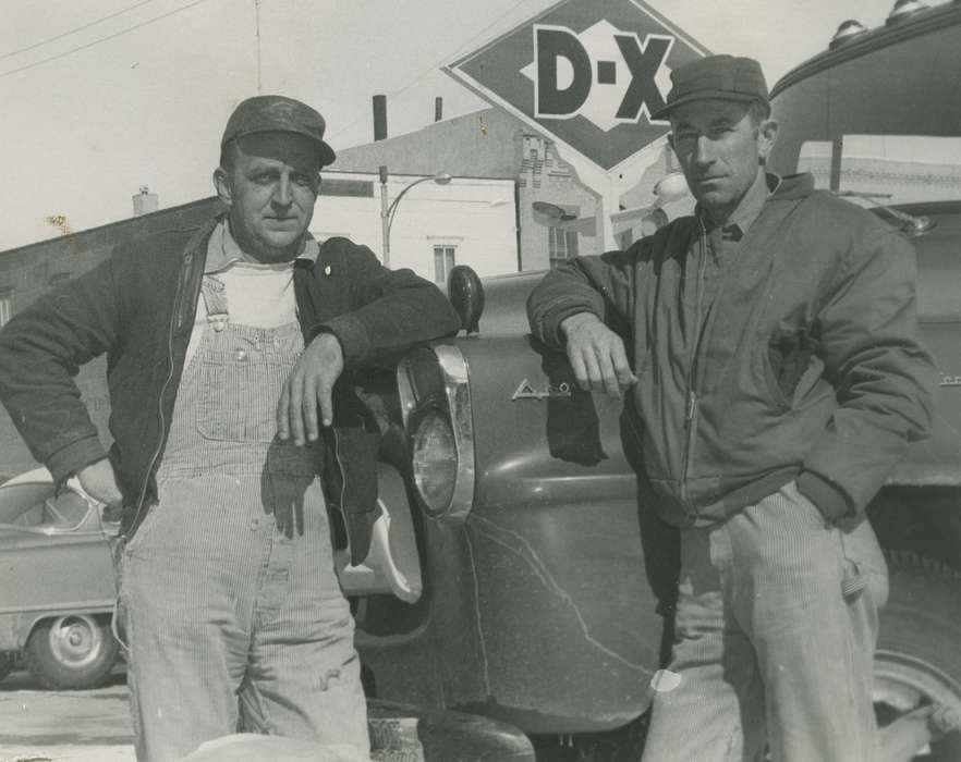 overalls, Labor and Occupations, sign, Businesses and Factories, Cities and Towns, correct date needed, Portraits - Group, Motorized Vehicles, hat, Coon Rapids Enterprise