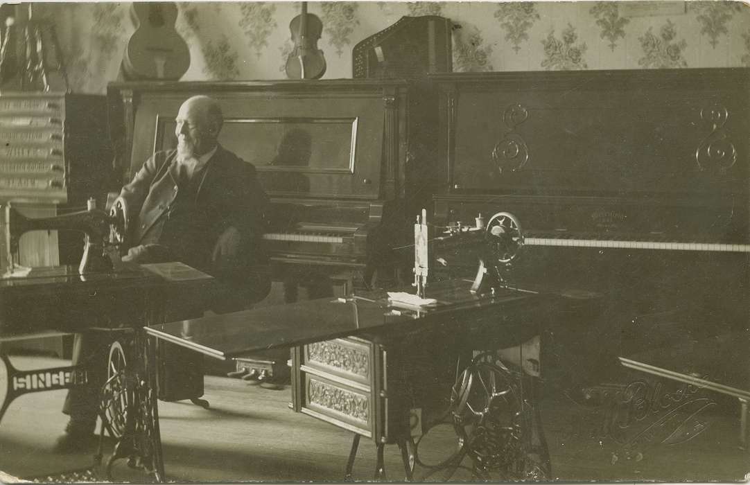 piano, Portraits - Individual, Iowa, Clarksville, IA, singer, violin, Fabos, Bettina, autoharp, guitar, Iowa History, music store, sewing machine, history of Iowa, store, Businesses and Factories, Cities and Towns, Labor and Occupations