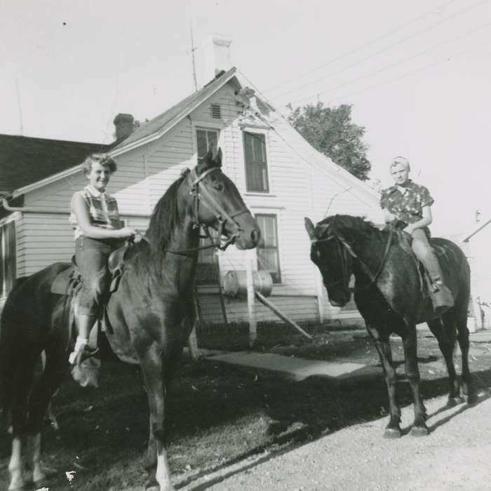 Carlson, Julie, Homes, Farms, horses, Iowa History, Portraits - Group, horseback riding, Animals, Rural Newkirk, IA, Iowa, saddle, history of Iowa