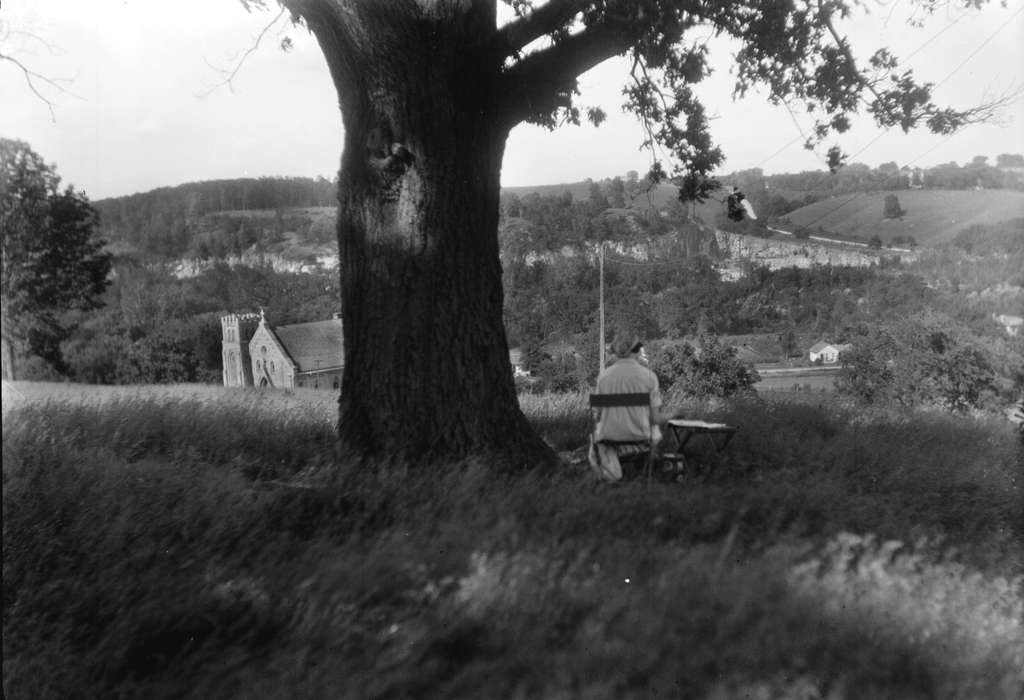 church, tree, Stone City, IA, table, Religious Structures, artist, chair, stone city art colony, Iowa History, Iowa, grass, history of Iowa, Lemberger, LeAnn, Labor and Occupations