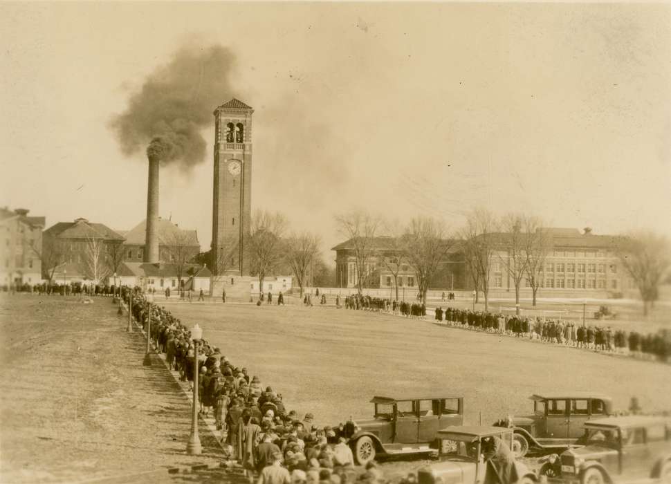 chimney, Iowa History, car, Schools and Education, UNI Special Collections & University Archives, Iowa, old gilchrist, iowa state teachers college, campanile, Cedar Falls, IA, smokestack, central hall, history of Iowa, uni, Motorized Vehicles, university of northern iowa