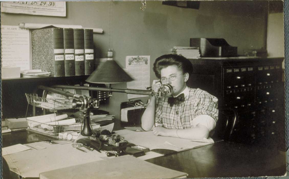 Iowa History, Archives & Special Collections, University of Connecticut Library, telephone, history of Iowa, New Milford, CT, cabinet, glasses, desk, Iowa
