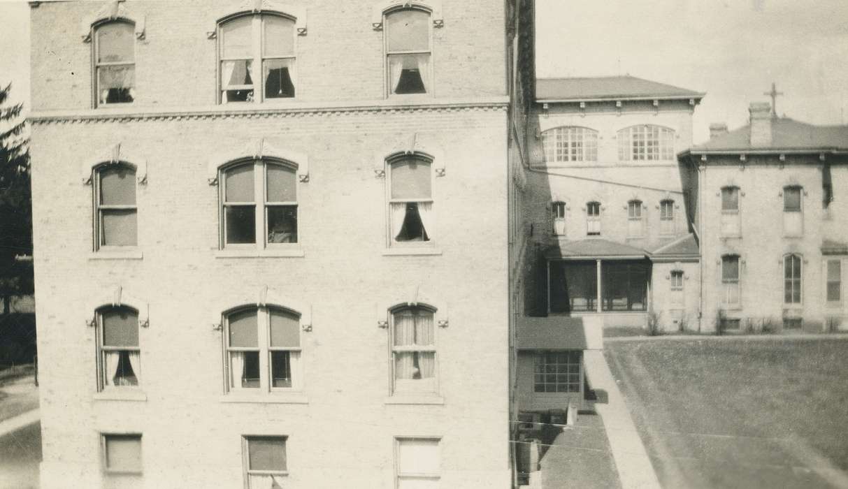 Iowa History, cross, Hospitals, Iowa, brick building, history of Iowa, Meyer, Mary, hospital, hospital st joseph mercy, windows