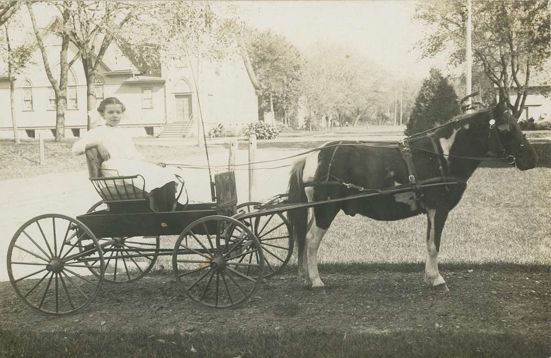 horse and buggy, horse, church, Meyer, Mary, Portraits - Individual, Religious Structures, Children, Animals, Cities and Towns