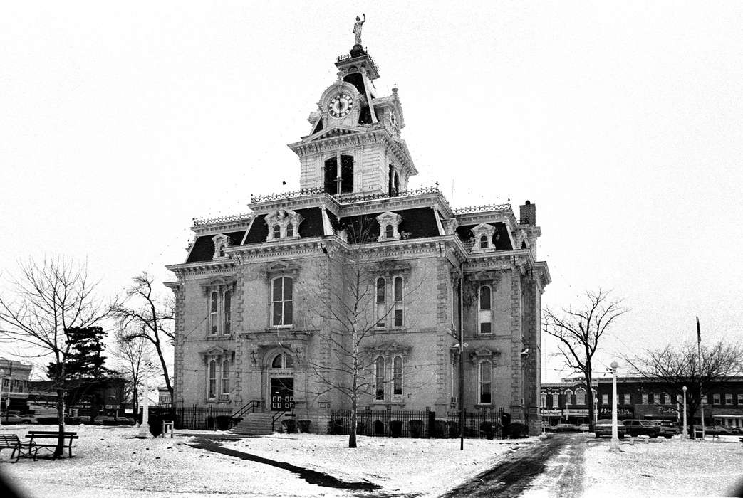 clock, Cities and Towns, Winter, Prisons and Criminal Justice, Lemberger, LeAnn, tower, statue, Iowa History, park bench, Main Streets & Town Squares, park, snow, Bloomfield, IA, chimney, Iowa, history of Iowa, courthouse