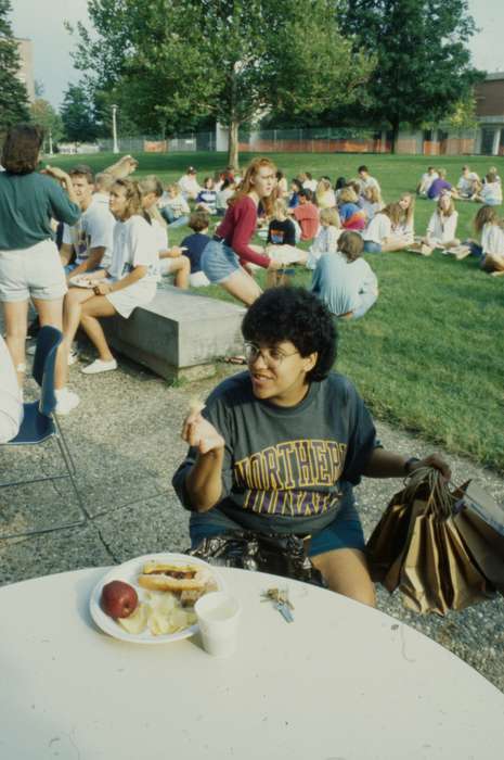 uni, Schools and Education, Iowa, People of Color, african american, university of northern iowa, Cedar Falls, IA, Iowa History, hot dog, UNI Special Collections & University Archives, Food and Meals, lawn, crowd, history of Iowa