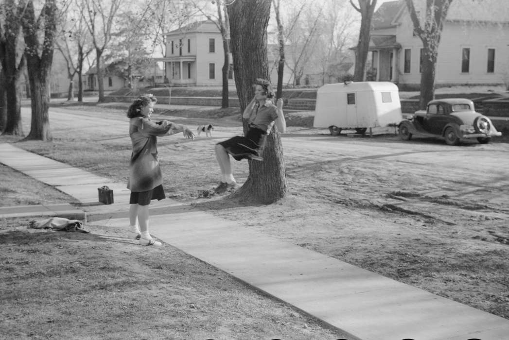 bag, Library of Congress, dog, Cities and Towns, play, playing, girls, Iowa History, girl, fun, swing, history of Iowa, Children, Iowa, Leisure