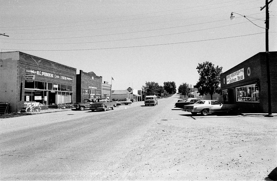 history of Iowa, Motorized Vehicles, Main Streets & Town Squares, car, dirt road, storefront, truck, Iowa History, Douds, IA, Lemberger, LeAnn, store, Cities and Towns, Iowa, Businesses and Factories, street light, sign