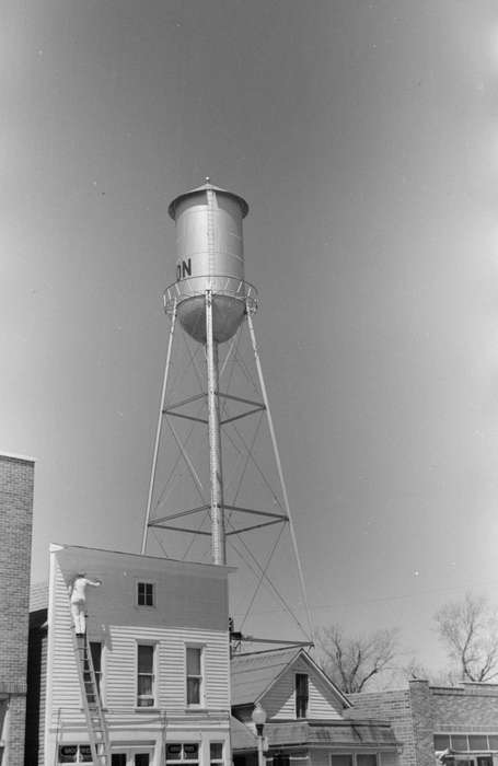 storefront, Cities and Towns, water tank, Iowa History, Main Streets & Town Squares, water tower, history of Iowa, Library of Congress, Iowa, watertower