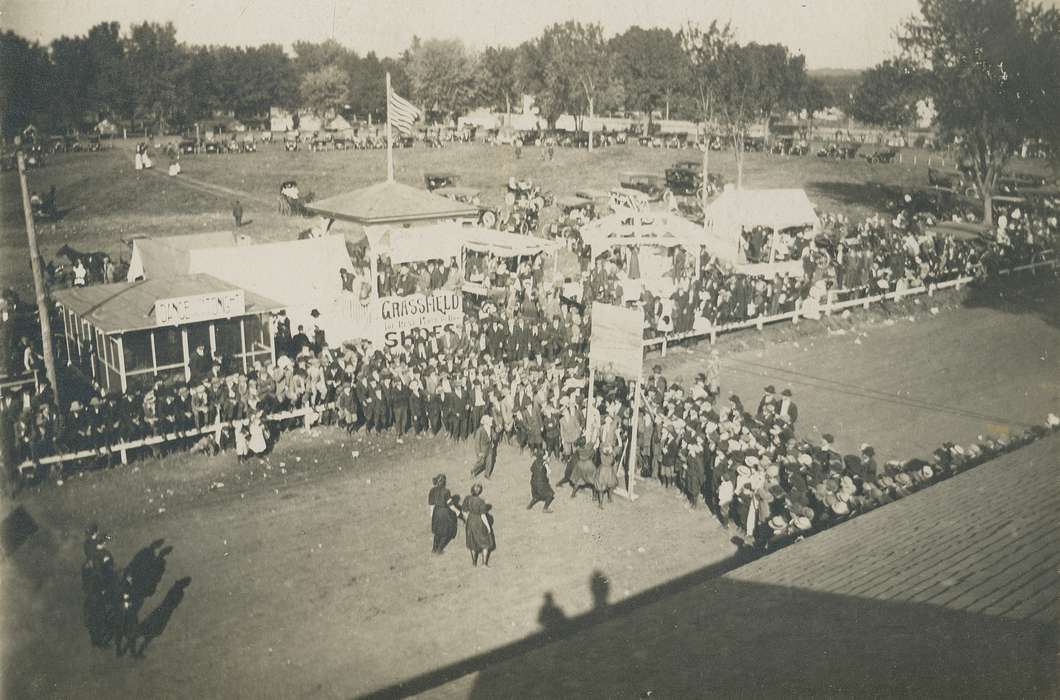 crowd, fair, history of Iowa, Fairs and Festivals, Iowa, Iowa History, american flag, Meyer, Mary, fair buildings, advertisement