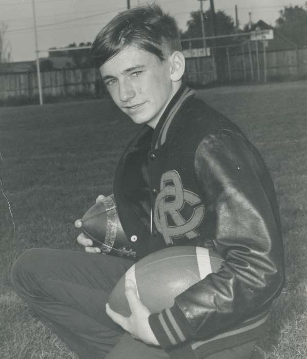 Coon Rapids, Iowa, United States, letter jacket, Schools and Education, Photos, lettermen jacket, Children, IA, Coon Rapids Enterprise, hairstyle, historic, Sports, boy, football, Portraits - Individual, ia, football field, history