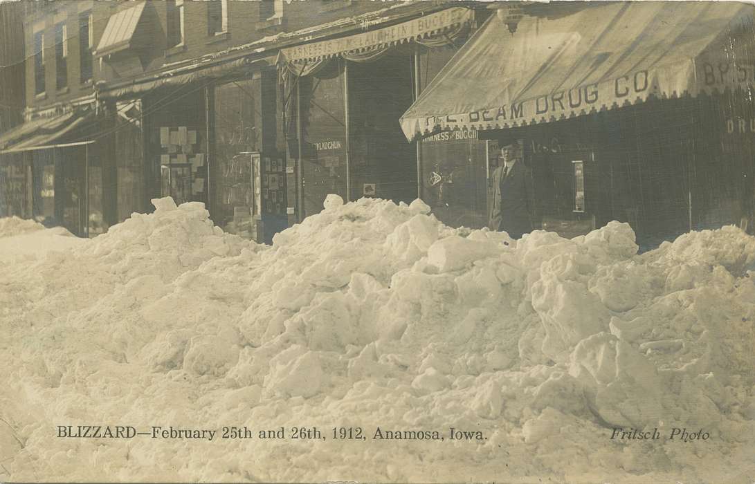 blizzard, Winter, snow, Main Streets & Town Squares, history of Iowa, Anamosa, IA, Iowa, Cities and Towns, Iowa History, Hatcher, Cecilia, drugstore